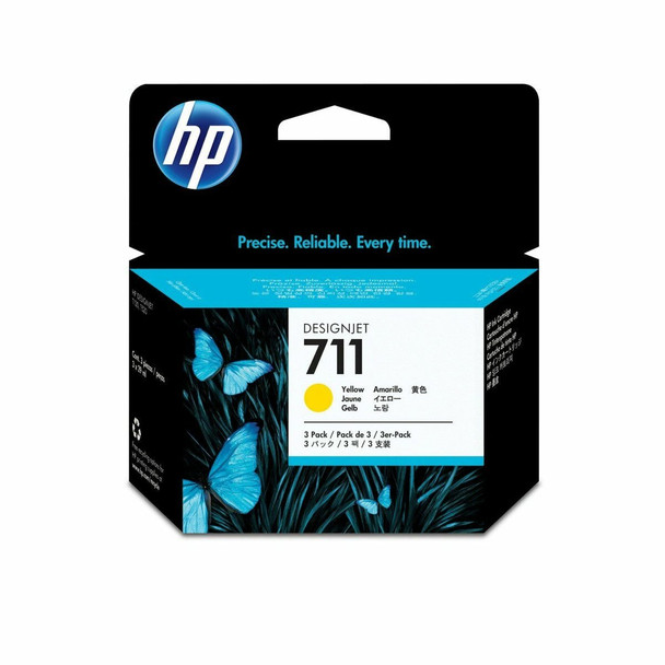 Genuine HP DesignJet 711 Yellow Ink Cartridge packaging with blue butterflies and HP logo displayed.