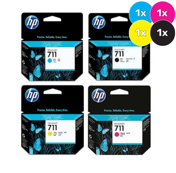 HP 711 Ink Cartridge Value Pack, four boxes with black, cyan, magenta, yellow cartridges visible.
