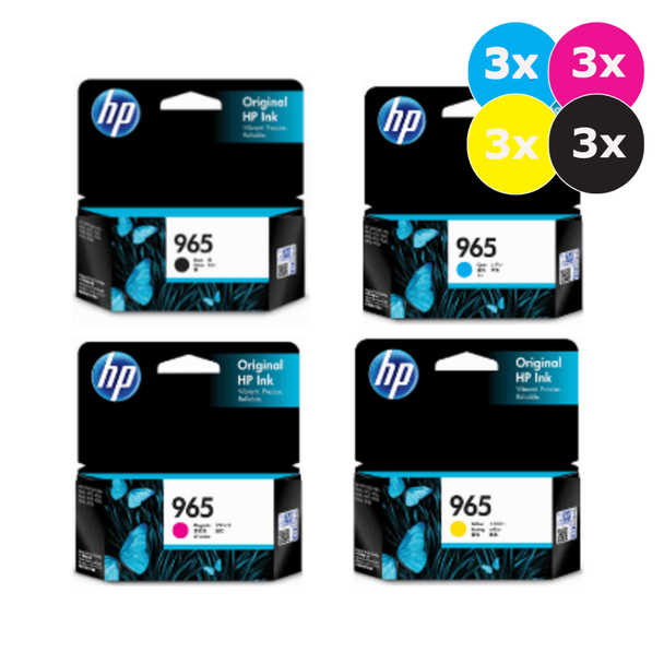 HP 965 Ink Cartridge Value Pack, 3 Black, Cyan, Magenta, Yellow cartridges, genuine HP brand packaging.