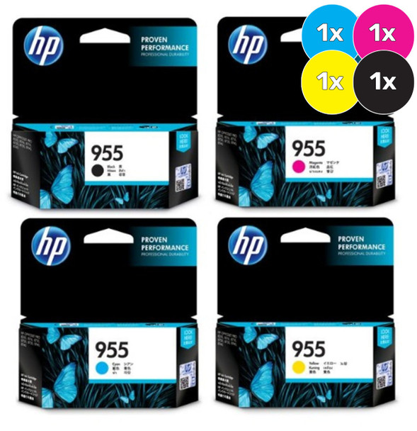 HP 955 Ink Cartridge Value Pack, four cartridges, black, cyan, magenta, yellow, HP brand packaging included.