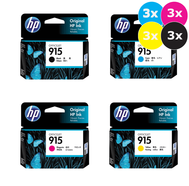 HP 915 Ink Cartridge Value Pack, 12-pack, includes 3x Black, 3x Cyan, 3x Magenta, 3x Yellow.