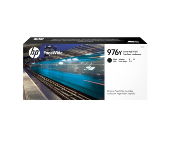 Genuine HP 976Y Black Pagewide Ink Cartridge, HP brand packaging with product details on white background.