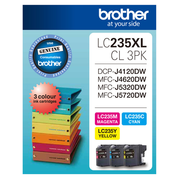 Brother LC235XL CMY Colour 3PK ink cartridges, genuine magenta, cyan, and yellow printer ink set.
