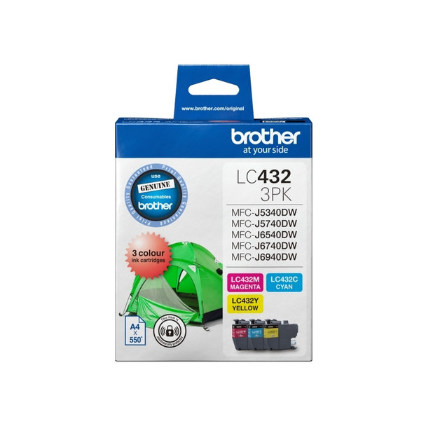 Brother LC432 CMY Colour 3-Pack ink cartridges, green, in original packaging, Brother brand.