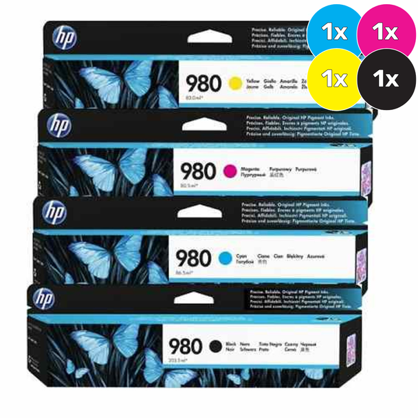 HP 980 Ink Cartridge Value Pack, includes 1x Black, Cyan, Magenta, Yellow, genuine HP cartridges.