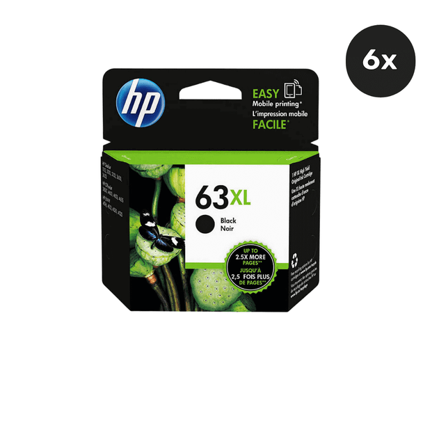 HP 63XL Black Ink Cartridge Value Pack, 6-pack, HP brand, black color, XL high capacity.