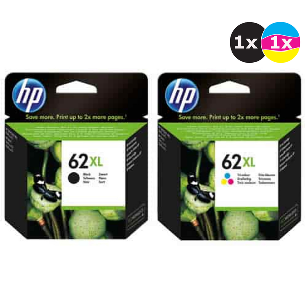 HP 62XL Black and Colour Ink Cartridge Combo Pack, two-pack, green and black packaging, HP logo.