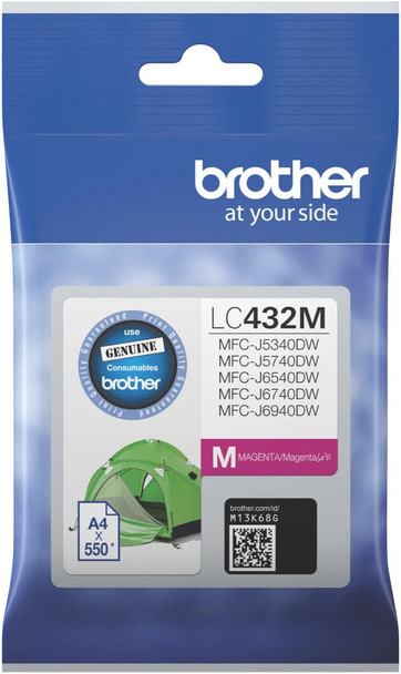 Brother LC432 Mag Ink Cart, genuine magenta ink cartridge packaging with product details and branding.