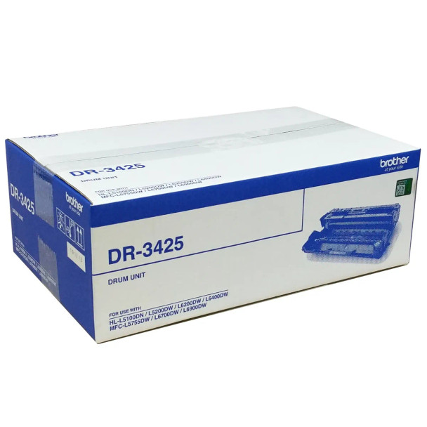 Brother DR3425 Drum Unit box packaging with blue and white design and product details displayed clearly.