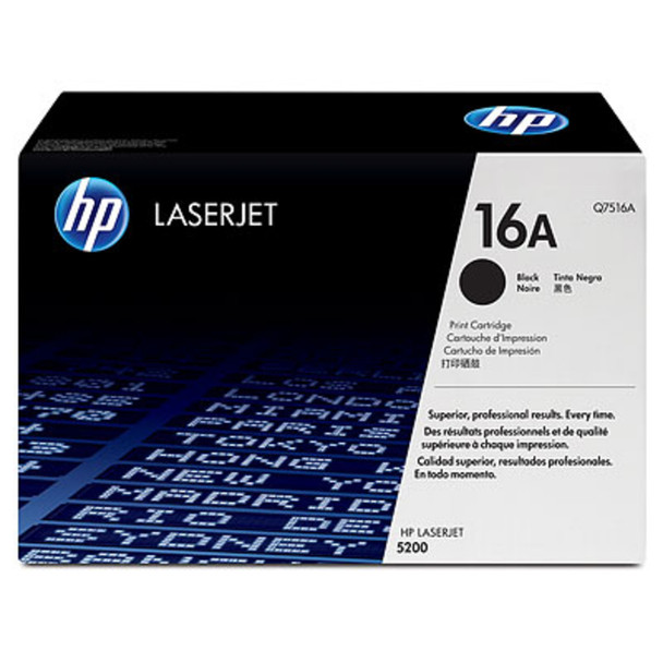 HP Genuine 16A Black Toner Cartridge for HP LASERJET 5200, compatible printer model, features sleek design and HP branding on packaging.