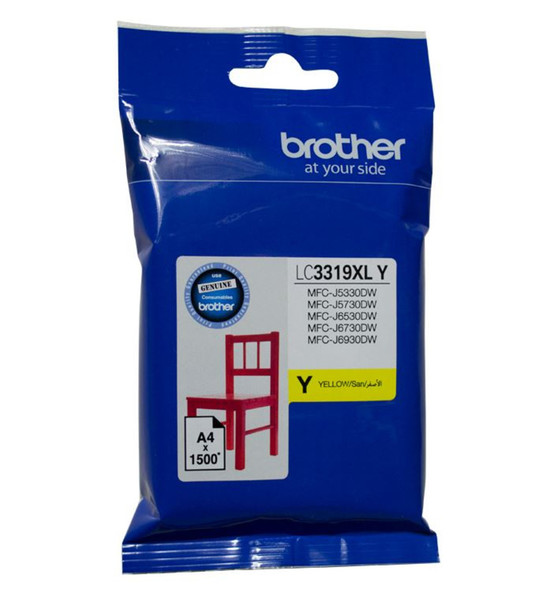 Brother LC3319XL yellow ink cartridge packaging with product details and brand logo displayed prominently.