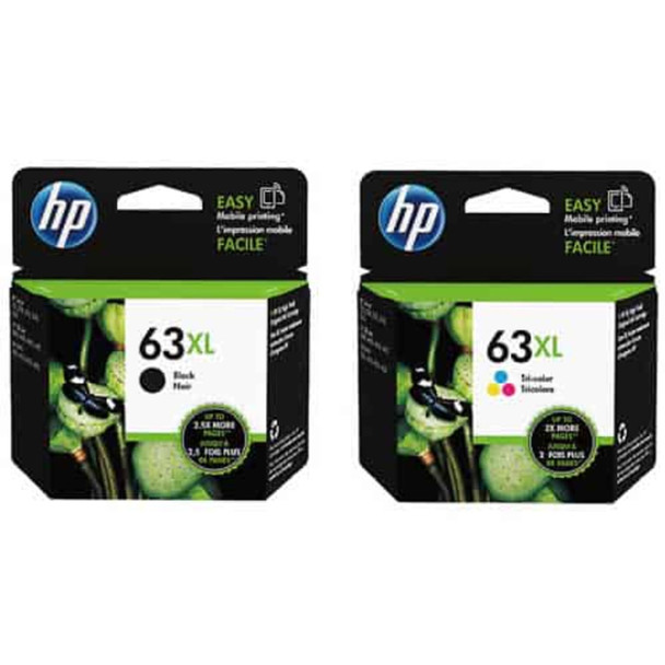 HP 63XL Black and Colour Ink Cartridge Combo Pack, two boxes, green and black packaging, HP logo.