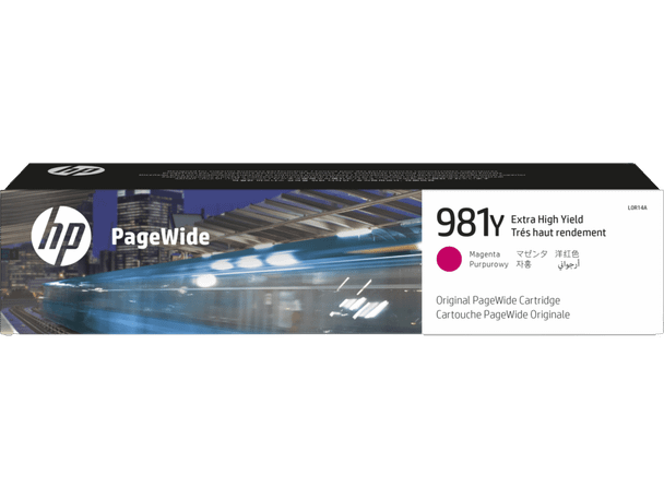Genuine HP 981Y Magenta Pagewide Ink Cartridge, HP brand, magenta color, original packaging.