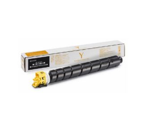 Kyocera TK-8349 Yellow Toner Cartridge, black and yellow, in original packaging, by Kyocera brand.