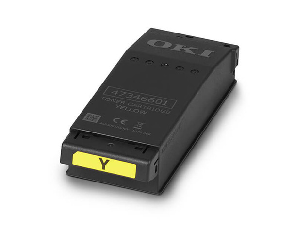 Oki C650DN Yellow Toner cartridge with yellow label and black casing, OKI logo on top.