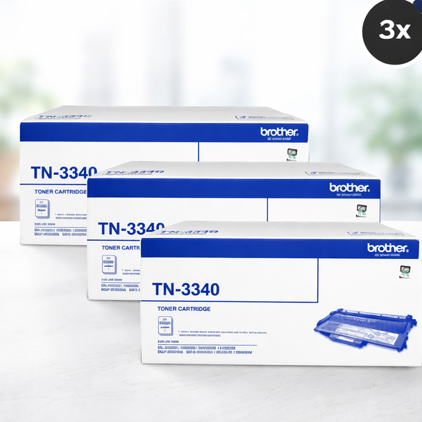 Brother TN-3340 Toner Cartridges Value Pack, three black cartridges, Brother brand packaging shown.