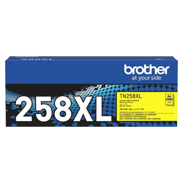 Brother TN258XL yellow toner cartridge box with blue and black design and large 258XL text.