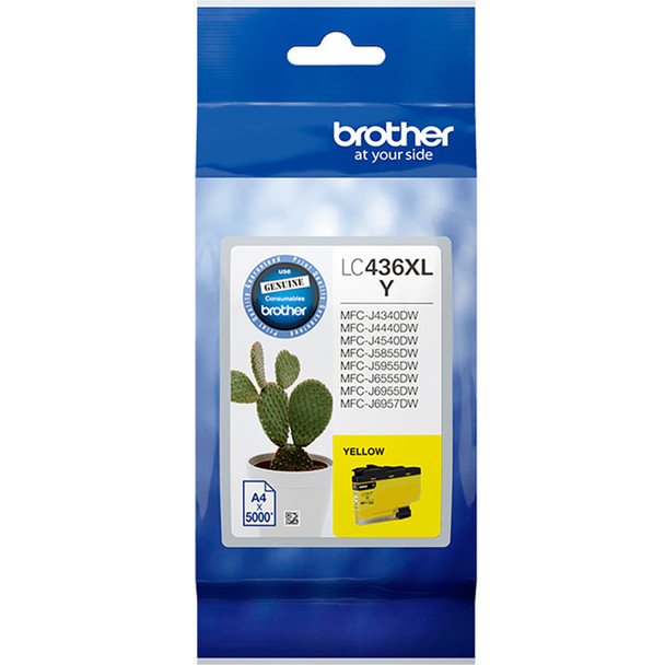 Brother LC436XL Yellow Ink Cartridge packaging with cactus illustration and product details displayed clearly.