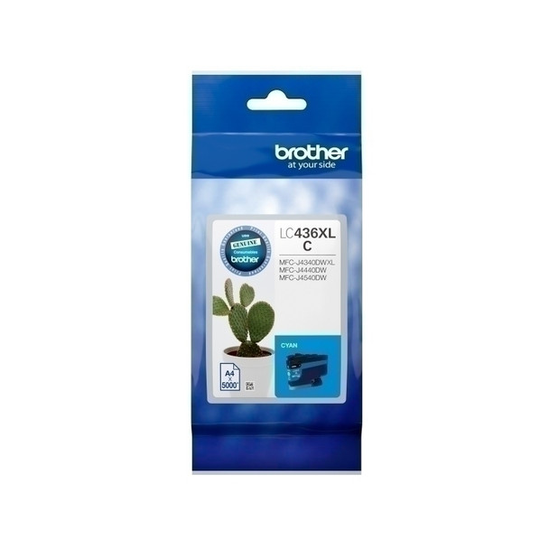 Brother LC436XL Cyan Ink Cartridge packaging with blue and white design and product details displayed.
