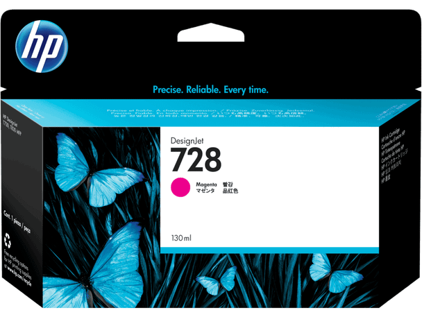 Genuine HP 728 Magenta Ink Cartridge, 130ml, HP brand, magenta color, authentic packaging visible.