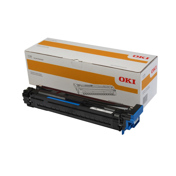 Oki C911 Yellow Drum Unit, Oki brand, black and blue drum, in original packaging, white background.