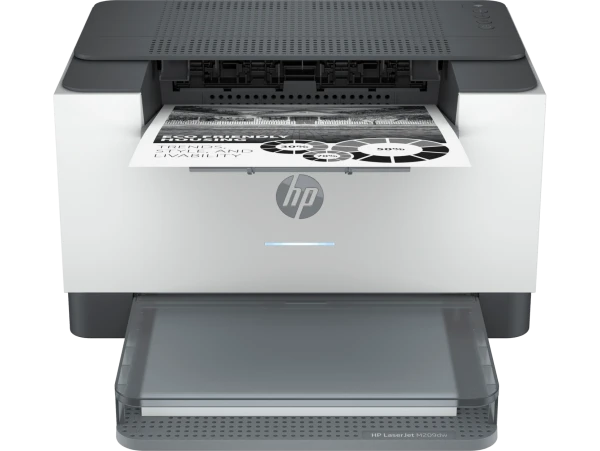 HP Genuine Laserjet M209dw A4 Mono Laser Printer, white and black, with paper in tray.