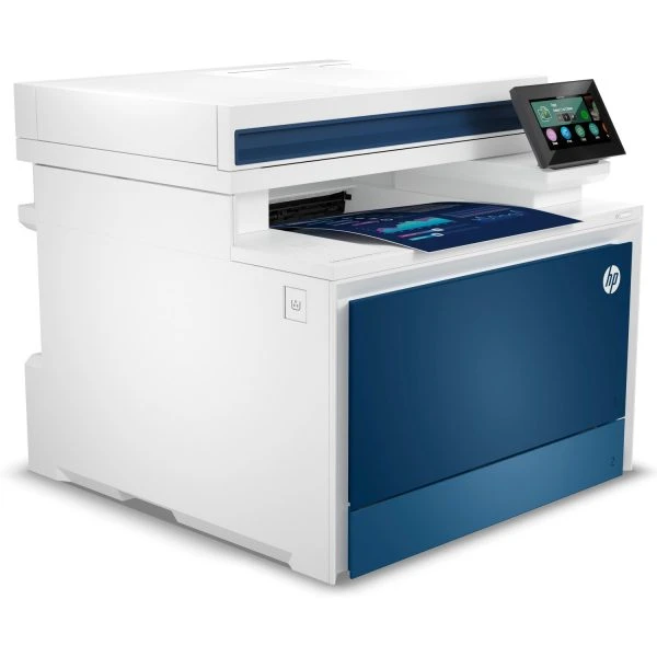 HP Color Laserjet Pro MFP 4301Fdw Printer, white and blue, touchscreen display, front panel open.