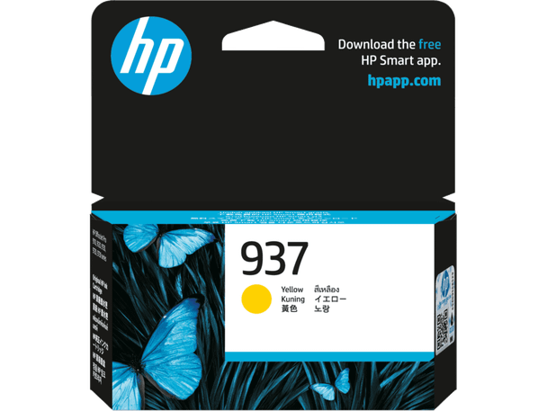 Genuine HP 937 Yellow Ink Cartridge packaging with blue  and HP logo displayed prominently.