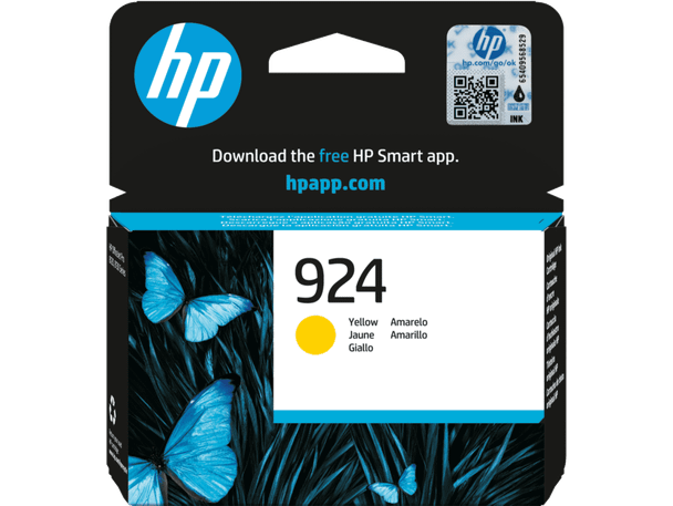 Genuine HP 924 Yellow Ink Cartridge, HP brand, yellow color, in original packaging with blue butterflies.