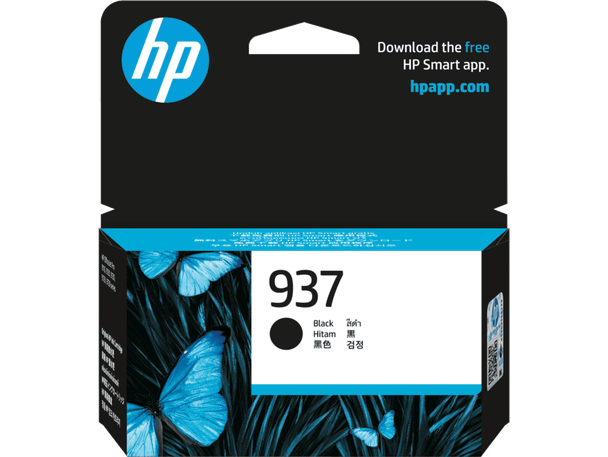 Genuine HP 937 Black Ink Cartridge packaging with blue  and white label on black background.