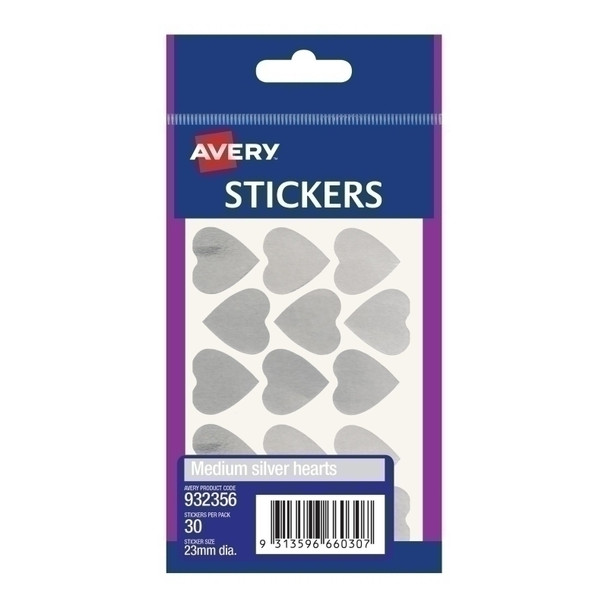 Silver Heart Stickers - Pack of 10 | Avery Medium Size