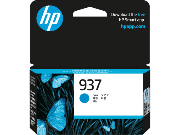 Genuine HP 937 Cyan Ink Cartridge, cyan color, HP branding, product packaging with blue  design.