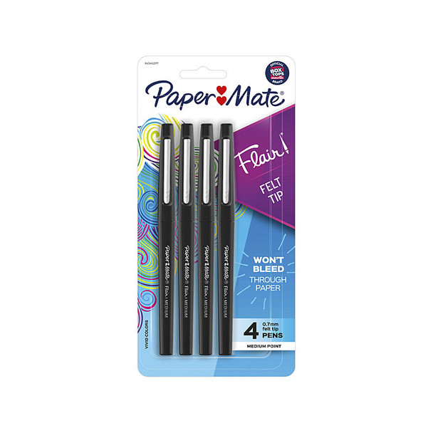 Paper Mate Flair Felt Tip Black Pens - Pack of 4 (Box of 6) | Smooth Writing Experience