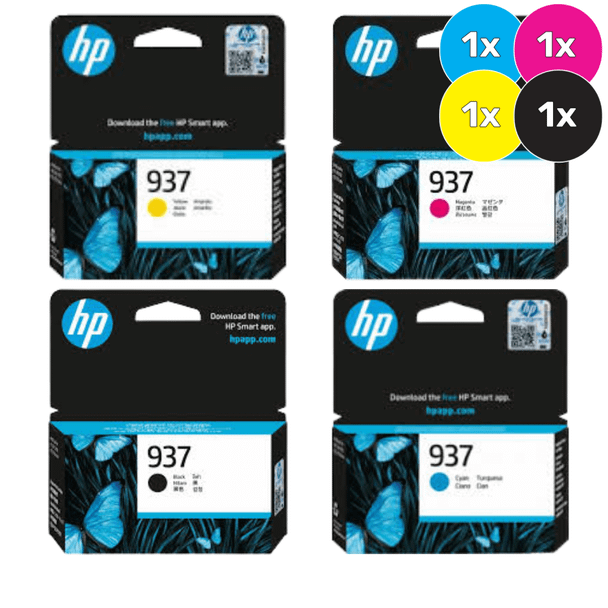 HP 937 Ink Cartridge Value Pack, four cartridges, cyan, magenta, yellow, black, HP brand packaging.