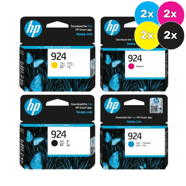 Genuine HP 924 Ink Cartridge Value Pack, 2x each Black, Cyan, Magenta, Yellow, HP brand packaging.