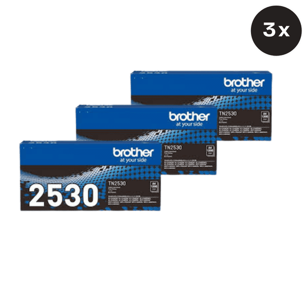 Three Brother TN-2530 black toner cartridges, blue packaging, Brother logo, and model number clearly visible.