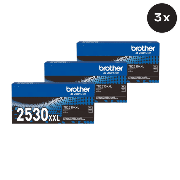 Three Brother TN-2530XXL black toner cartridges, blue and black packaging with white Brother logo visible.