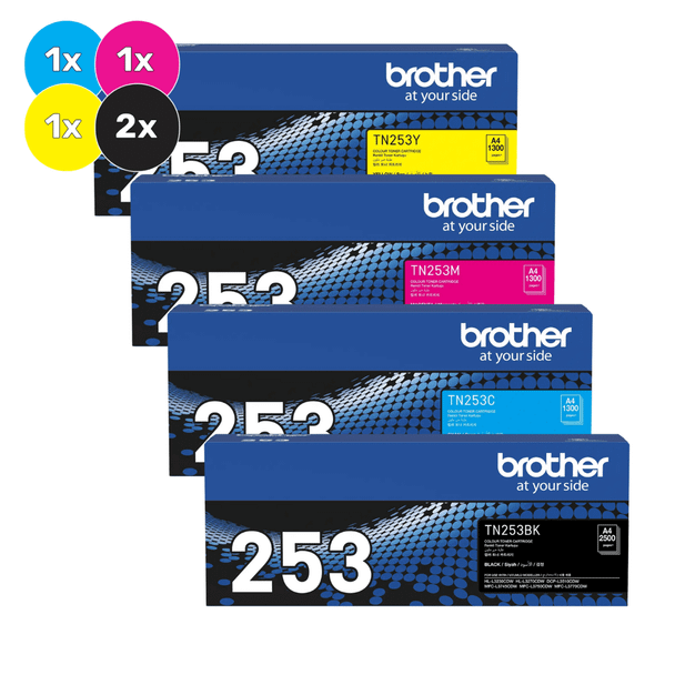 Brother TN-253 Toner Cartridges Value Pack, 2x Black, 1x Cyan, Magenta, Yellow, Brother brand packaging.