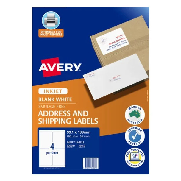 Avery Inkjet Shipping Labels 99.1x99.3mm 50 Pack