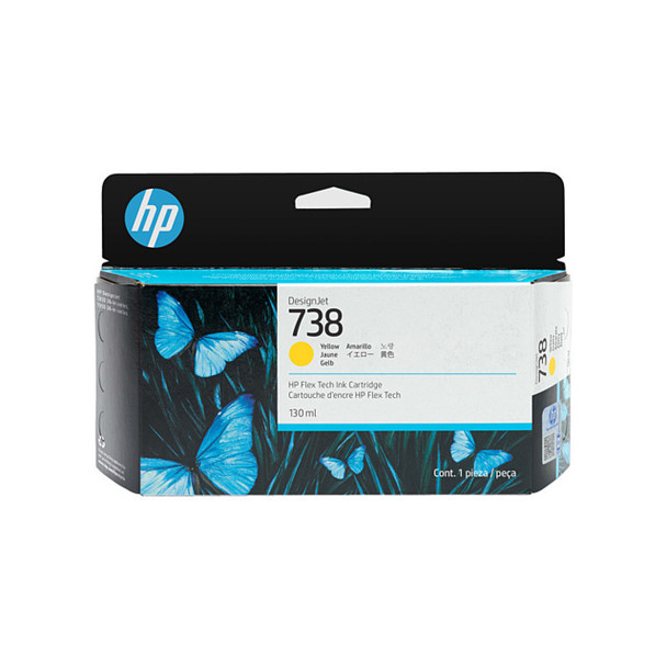 Genuine HP 738 Yellow DesignJet Ink Cartridge 130ml, HP branding, yellow and blue packaging.