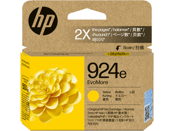Genuine HP 924e Yellow Ink Cartridge, High Yield, EvoMore, in original packaging with yellow flower design.