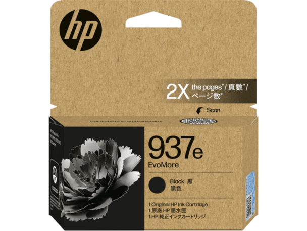 Genuine HP 937e Black Ink Cartridge, High Yield, EcoMode, in original packaging, brown cardboard box.