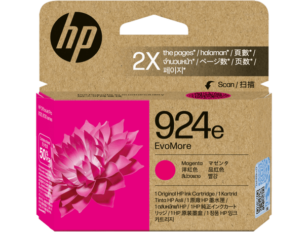 Genuine HP 924e Magenta Ink Cartridge, High Yield, brown box with pink accents and HP logo.