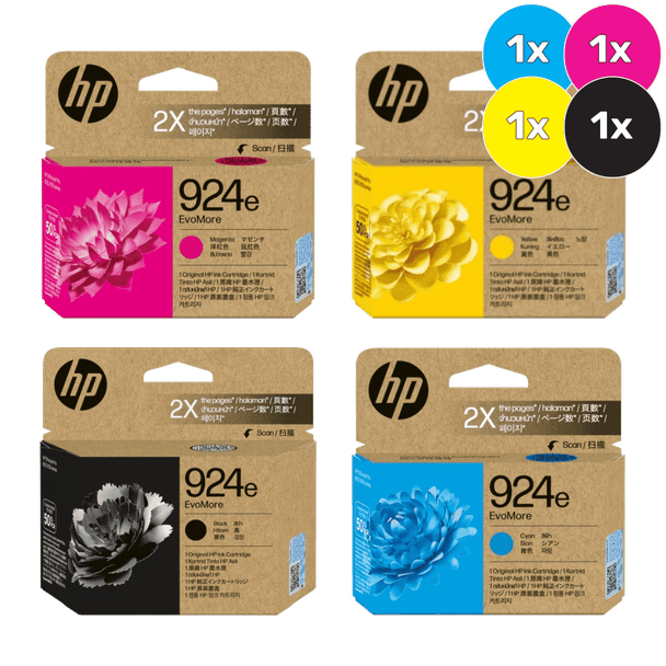 HP 924e Printer Cartridge Bundle, four cartridges, cyan, magenta, yellow, black, HP brand packaging shown.
