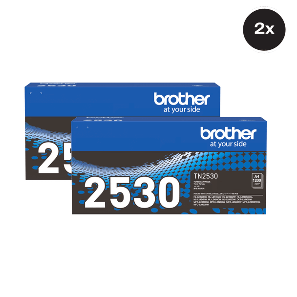Brother TN-2530 Black Toner Cartridge Multipack, 2-pack, blue and black packaging with white text visible.