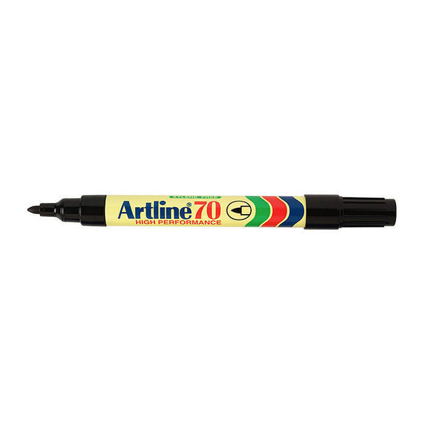 Artline 107001 Genuine Office Supply Permanent Marker, black tip and barrel, colorful label on white background.
