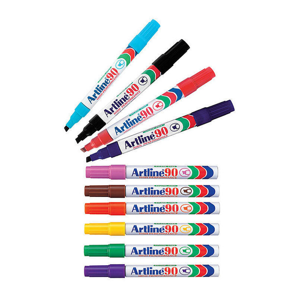 Artline 109041 Permanent Markers, assorted vibrant colors, Genuine Office Supply, various sizes displayed.