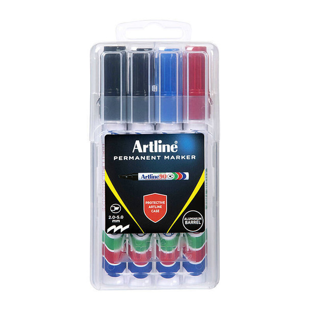 Artline 109076HC Genuine Office Supply Permanent Markers in assorted colors, packaged in clear plastic case.