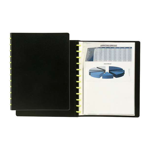Marbig Kwik Zip A4 Display Book, black office file folder with yellow rings and interior page.