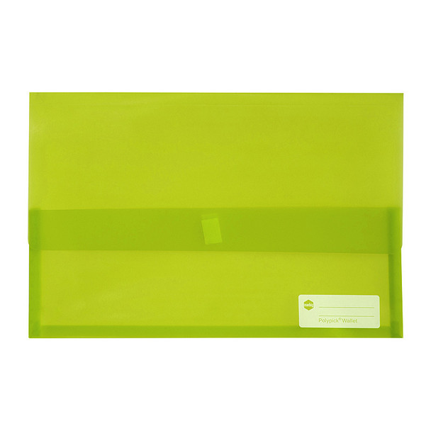 Lime green Marbig Polypick Foolscap document wallet, Genuine, with white label on lower right corner.